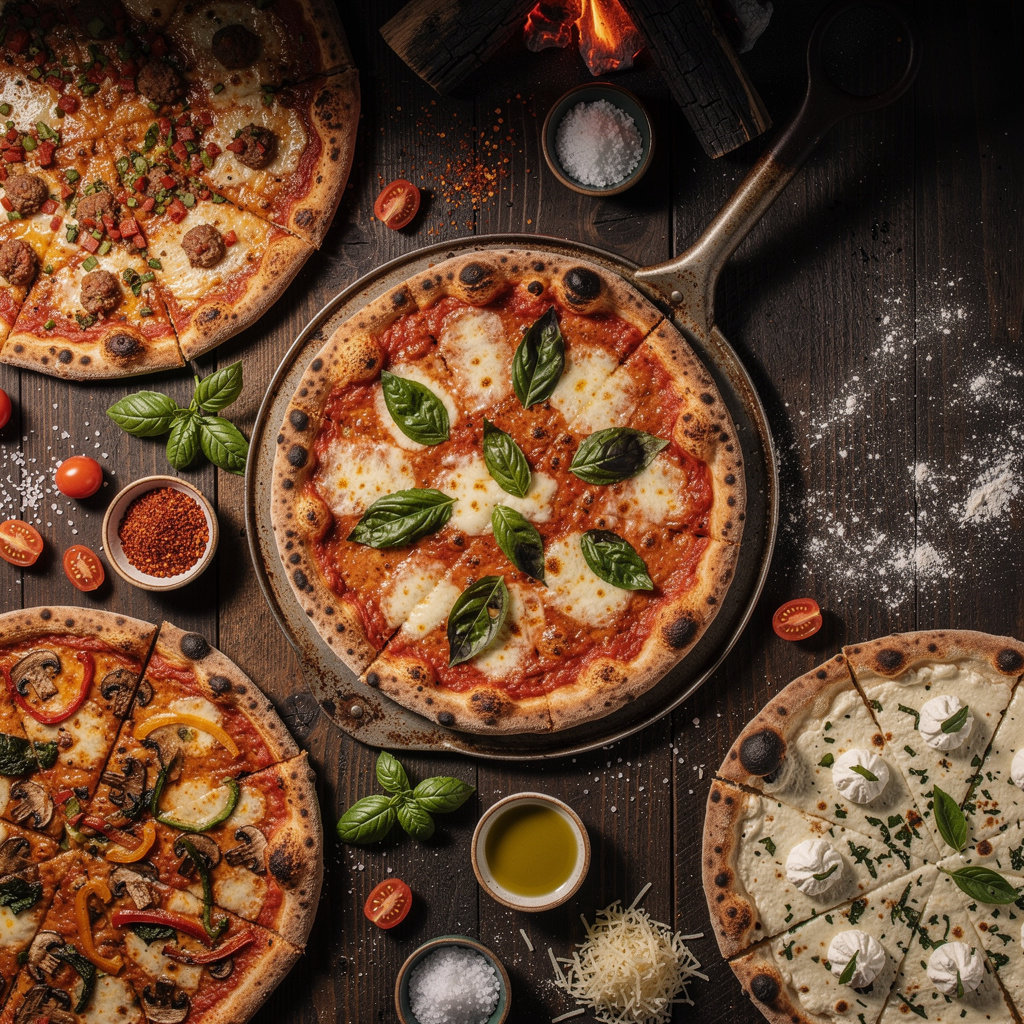 Mario's Pizza wood-fired pizzas with fresh toppings and crispy crust