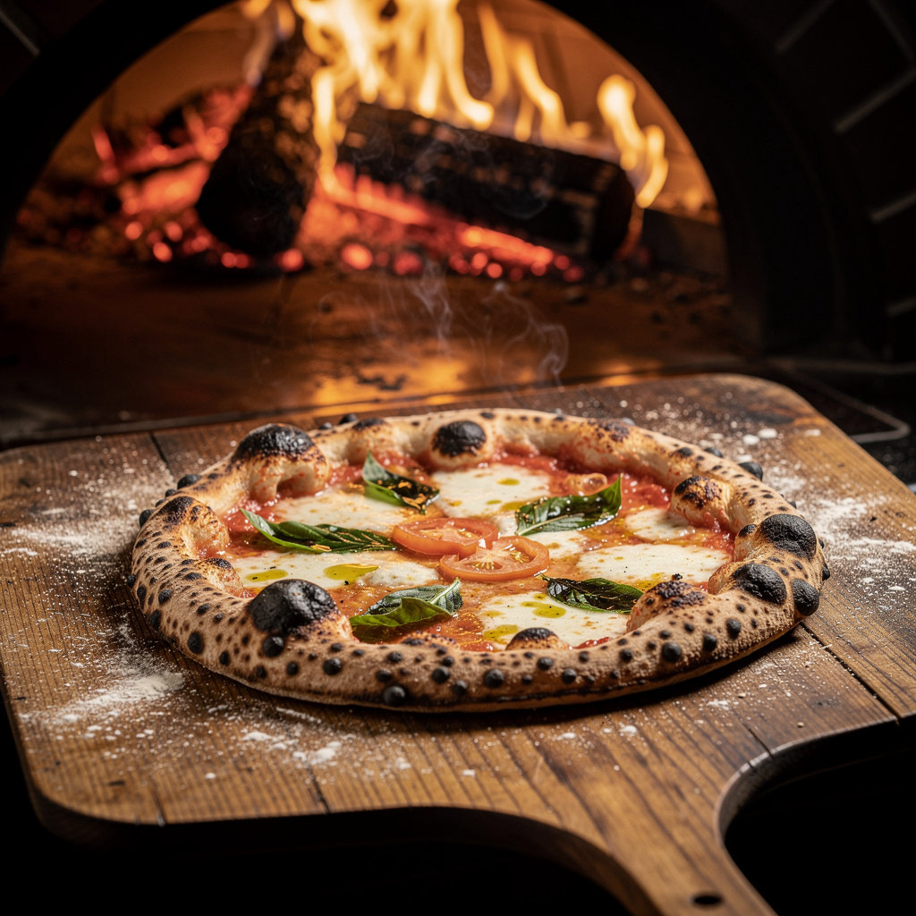 Mario's Pizza wood-fired pizza with crispy crust and melted cheese, showcasing authentic Chicago craftsmanship